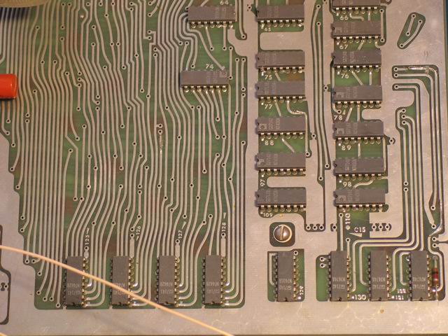 An overview of the lower right of the Kenbak-1 logic board